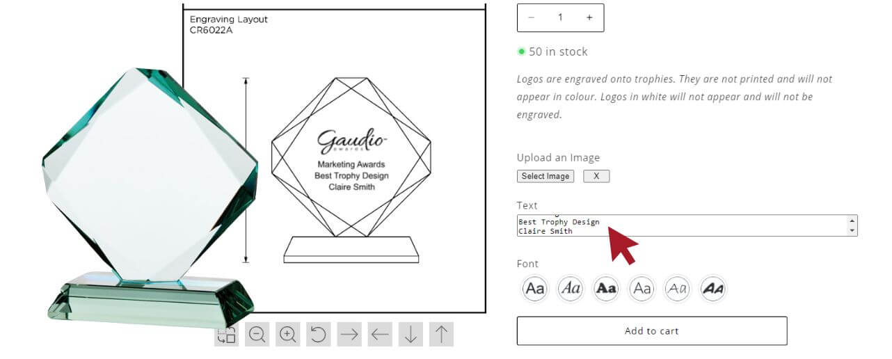 The Gaudio Shop website displaying an engraved crystal trophy with a pointer hovering over 'Add To Cart'